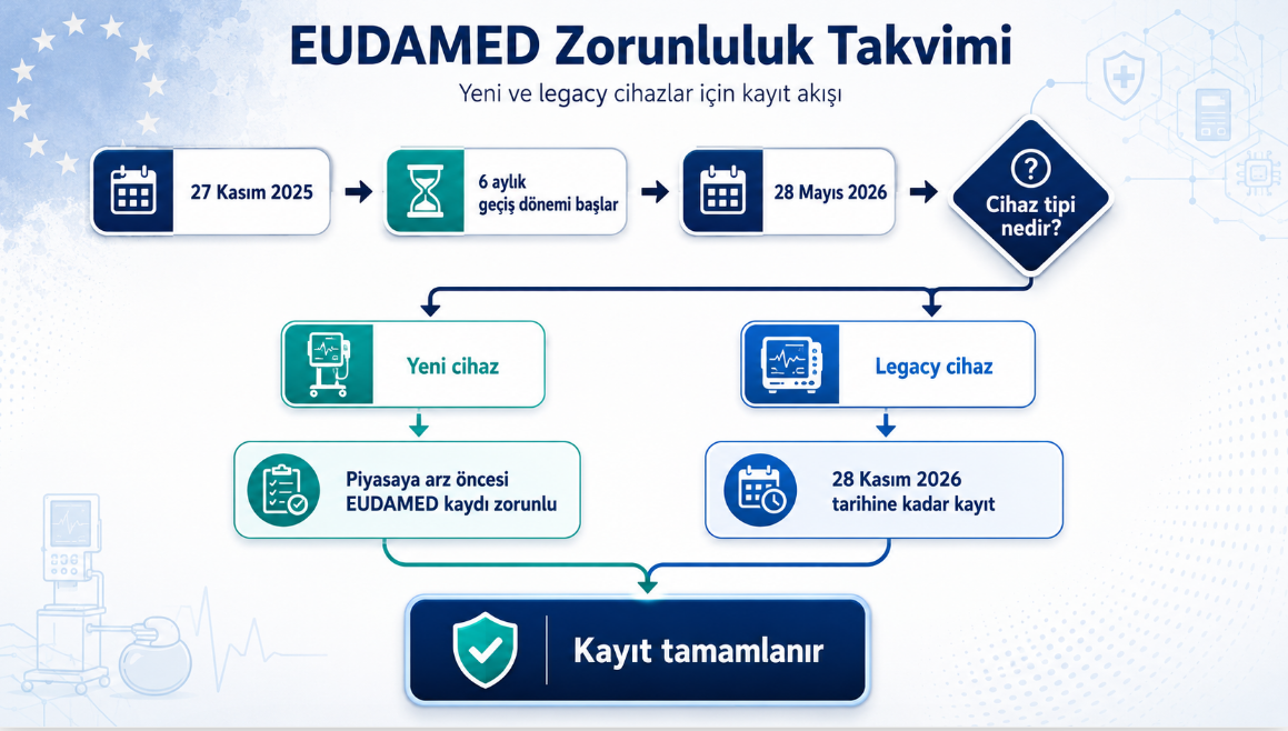 EUDAMED zorunluluk takvimi şeması: 27 Kasım 2025, 28 Mayıs 2026 ve 28 Kasım 2026 tarihleri